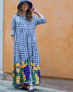 BLUE CHEKED COTTON  DRESS EMBROIDERY