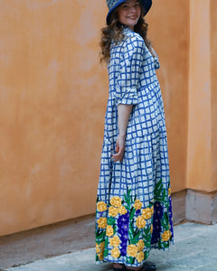 BLUE CHEKED COTTON  DRESS EMBROIDERY