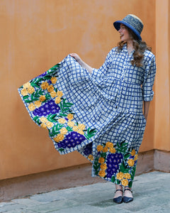 BLUE CHEKED COTTON  DRESS EMBROIDERY