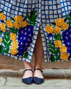 BLUE CHEKED COTTON  DRESS EMBROIDERY
